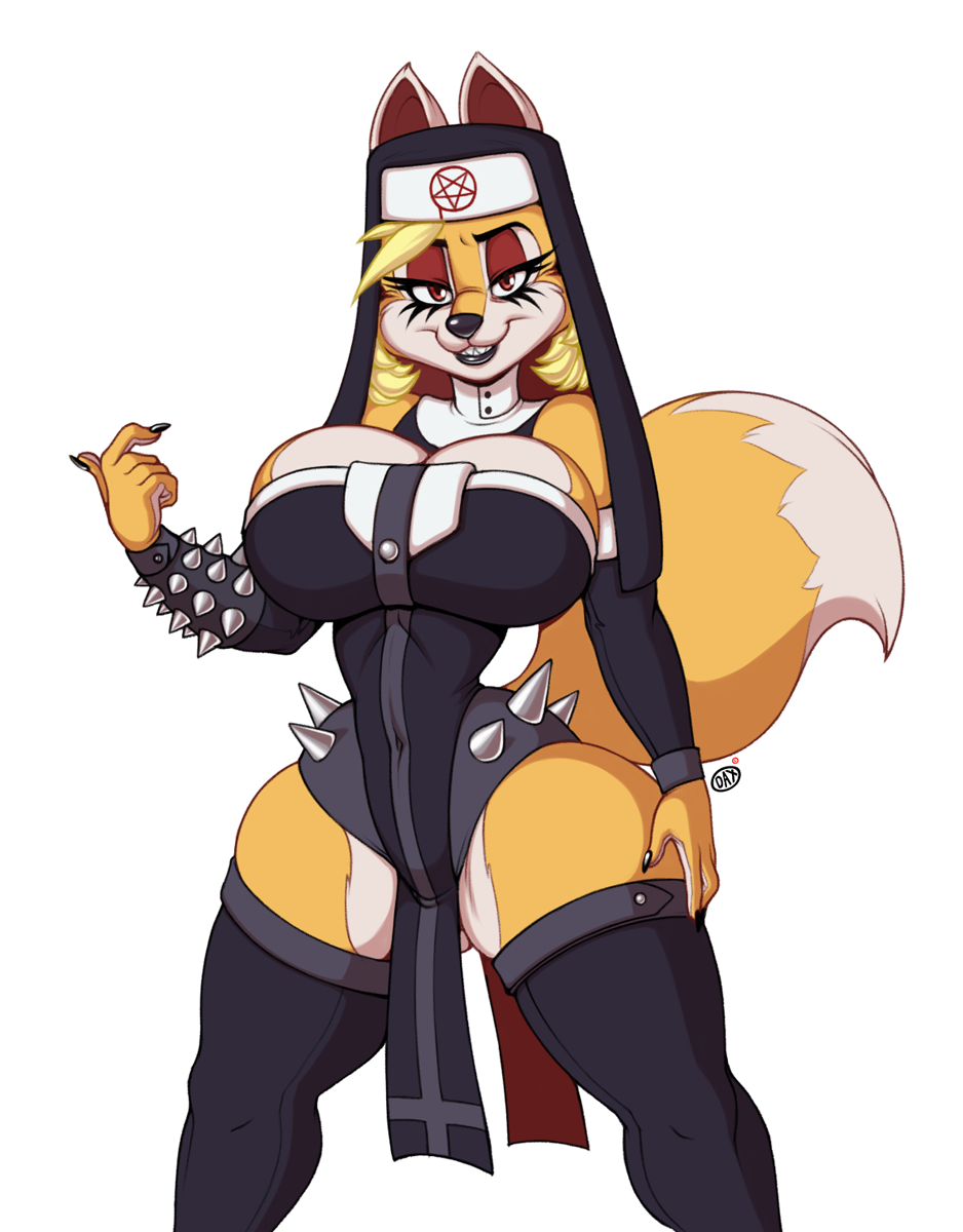 anthro big_breasts black_lipstick breasts canine cleavage clothed clothing daxzor female fox hat legwear looking_at_viewer mammal nun red_eyes simple_background sleeves solo spiked_clothing spikes stockings tight_clothing white_background wide_hips