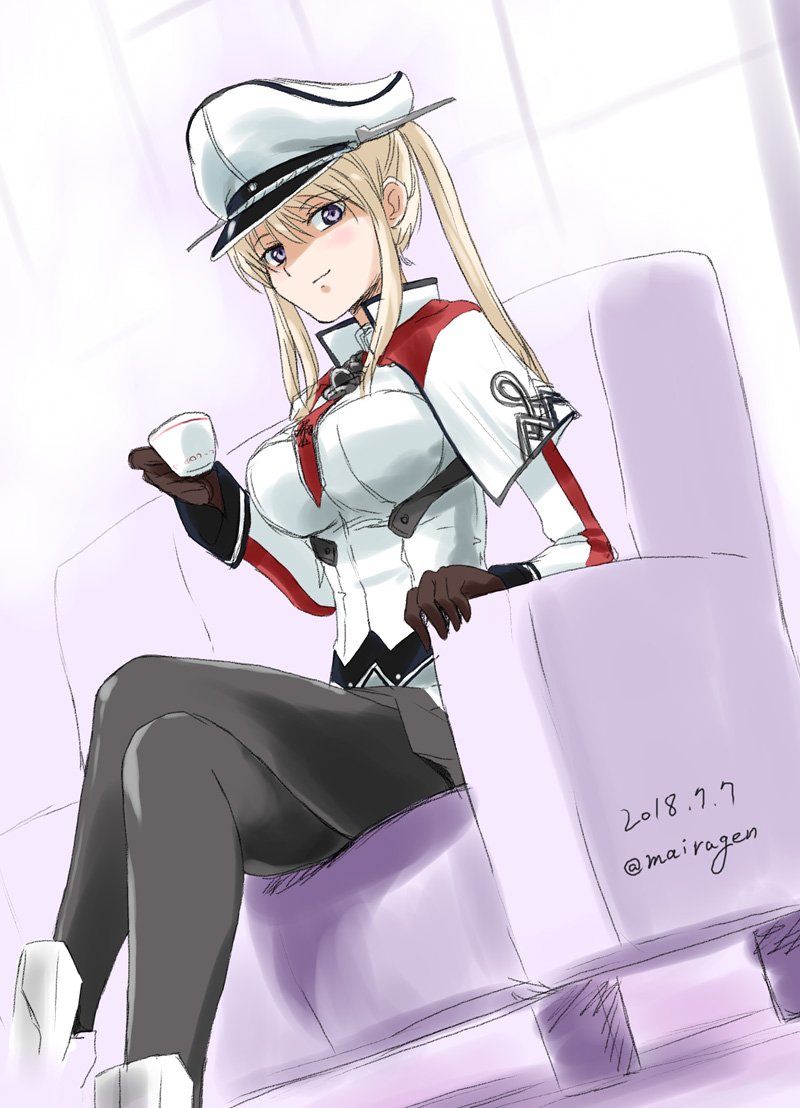 black_gloves black_legwear blonde_hair breasts capelet celtic_knot commentary_request couch crossed_legs cup dated dutch_angle gloves graf_zeppelin_(kantai_collection) grey_eyes hair_between_eyes hat high_ponytail iron_cross kantai_collection large_breasts looking_at_viewer maira_gen military military_hat military_uniform miniskirt necktie pantyhose peaked_cap sidelocks skirt solo teacup tsurime twintails twitter_username uniform white_hat