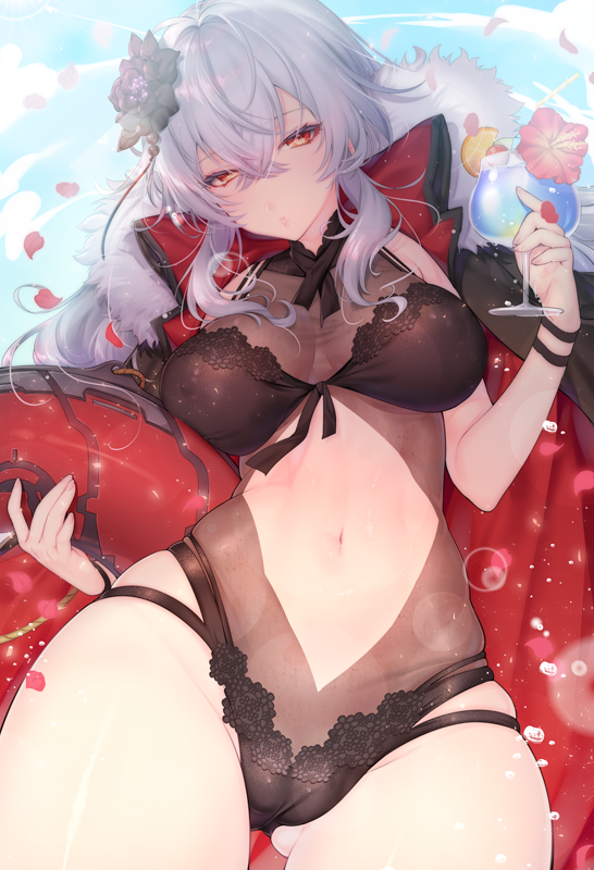 ass_visible_through_thighs azur_lane bangs black_flower black_swimsuit blue_sky breasts cameltoe cleavage cloud coat crossed_bangs cup day drinking_glass eyebrows_visible_through_hair flower fur-trimmed_coat fur_trim graf_zeppelin_(azur_lane) groin hair_between_eyes hair_flower hair_ornament holding holding_cup jacket_on_shoulders large_breasts light_particles long_hair looking_at_viewer machinery messy_hair midriff navel navel_cutout one-piece_swimsuit parted_lips petals red_eyes revealing_clothes rigging see-through sidelocks silver_hair skindentation sky solo sourenkio stomach swimsuit tropical_drink wind wrist_straps