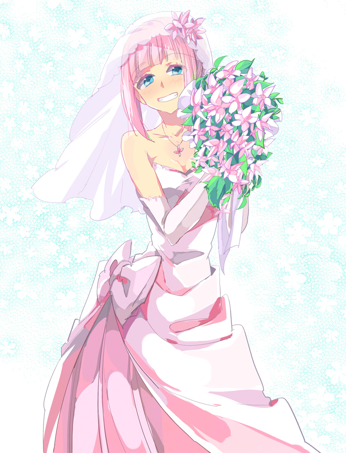 blue_eyes breasts cleavage commentary_request dress ishiwari miki_sauvester open_mouth pink_hair short_hair smile solo star_ocean star_ocean_integrity_and_faithlessness wedding_dress