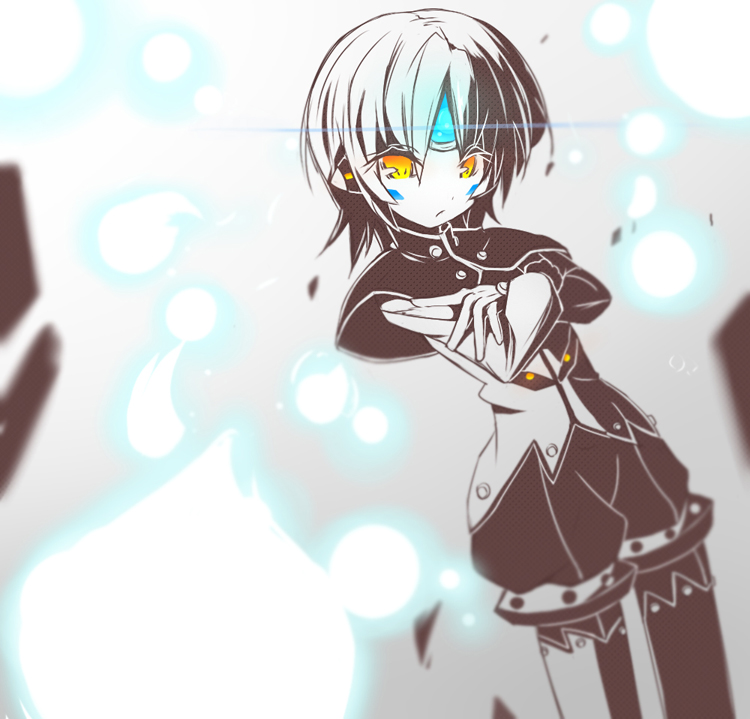 bangs black_capelet black_shorts blurry capelet crossed_arms depth_of_field elsword eve_(elsword) expressionless facial_mark forehead_jewel gloves looking_at_viewer medium_hair mikagi-qo orb shine shirt shorts simple_background solo thighhighs white_gloves white_hair white_shirt yellow_eyes