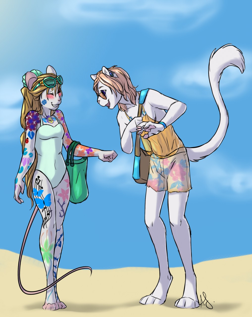 anthro arthropod bag beach blonde_hair blush butterfly cat clothed clothing cutoffs denim_shorts eyewear feline female flower hair insect kitterjitters long_hair male mammal mouse musical_note navel one-piece piercing plant ray rodent sea seaside shorts sky smile sunglasses swimsuit tattoo translucent victoire water