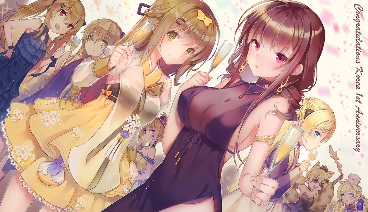 &gt;_&lt; :d :o ahoge alcohol alternate_costume alternate_hairstyle animal_ears armlet bangs bare_shoulders black_dress blonde_hair blue_dress blue_eyes blunt_bangs blush braid breasts brown_eyes brown_hair cat_ears champagne_flute cleavage closed_eyes closed_mouth cola colt_m1873_(girls_frontline) commentary_request cowboy_hat cup dress drinking_glass dsr-50_(girls_frontline) earrings elbow_gloves eyebrows_visible_through_hair girls_frontline gloves grizzly_mkv_(girls_frontline) hair_between_eyes hair_ornament hair_up hairclip hanbok hat holding holding_cup idw_(girls_frontline) jewelry k-2_(girls_frontline) k5_(girls_frontline) korean_clothes korean_commentary large_breasts long_hair looking_at_viewer manle medium_breasts multiple_girls off_shoulder one_side_up open_mouth purple_dress purple_eyes red_eyes ribbon ring scar scar_across_eye side_slit sideboob sidelocks small_breasts smile star strapless strapless_dress sunglasses thighs tiara twintails ump45_(girls_frontline) ump9_(girls_frontline) very_long_hair wedding_band wrist_ribbon xd yellow_dress yellow_eyes