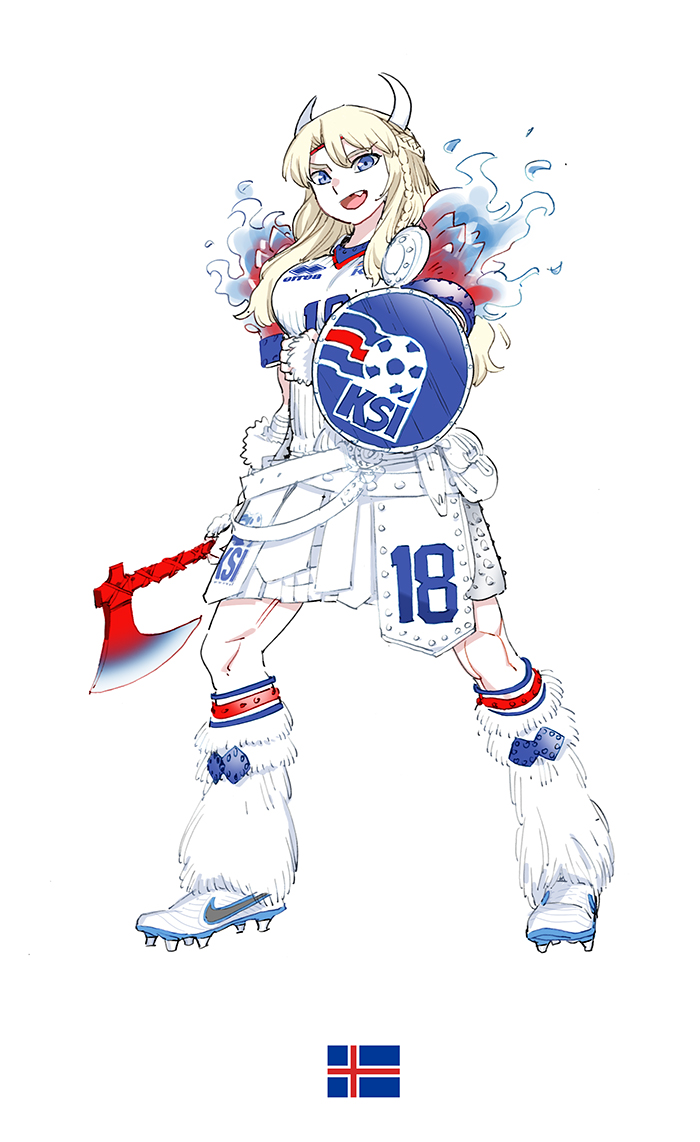 2018_fifa_world_cup :d armor armored_dress axe blonde_hair blue_eyes braid cleats daibajoujisan fang fire french_braid full_body horns iceland icelandic_flag long_hair looking_at_viewer open_mouth shield simple_background skirt smile soccer solo white_background white_footwear white_legwear white_skirt world_cup
