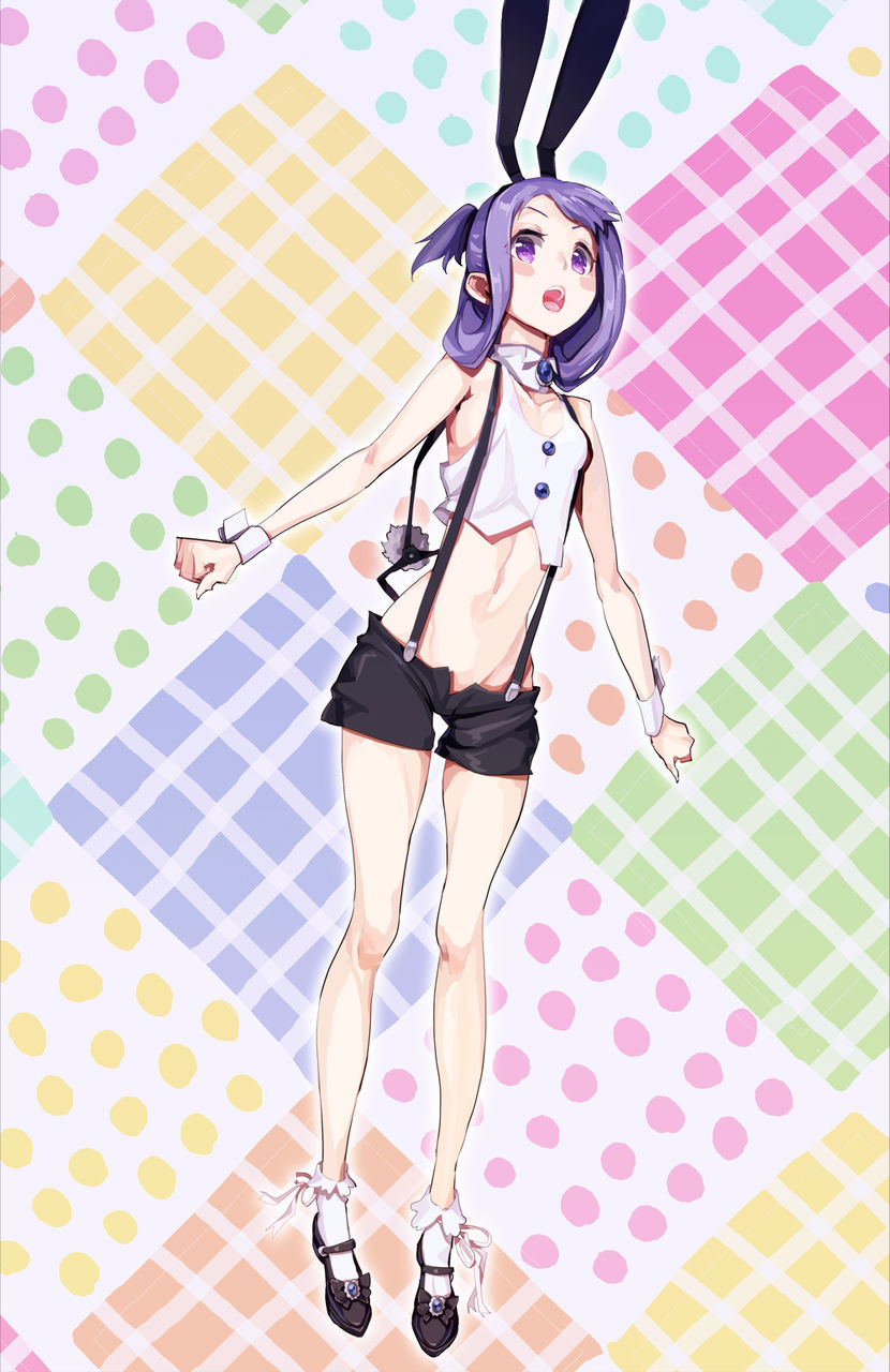 animal_ears black_shorts blush_stickers bobby_socks bow breasts brooch bunny_ears bunny_tail crop_top detached_collar fake_animal_ears full_body high_collar highres jewelry jumping long_hair looking_at_viewer mary_janes midriff multicolored multicolored_background navel open_mouth purple_eyes purple_hair saki shirt shoe_bow shoes short_shorts shorts sleeveless sleeveless_shirt small_breasts socks suehara_kyouko suspender_shorts suspenders tail tied_hair white_legwear white_shirt wrist_cuffs yaku_yojino