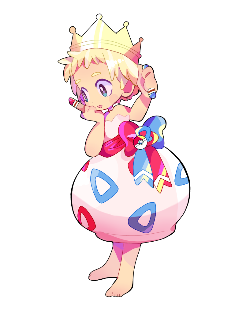 bare_shoulders barefoot blonde_hair blue_eyes bow crayon full_body hand_on_own_face holding mameeekueya open_mouth personification poke_ball pokemon simple_background smile solo standing strapless togepi waist_bow white_background