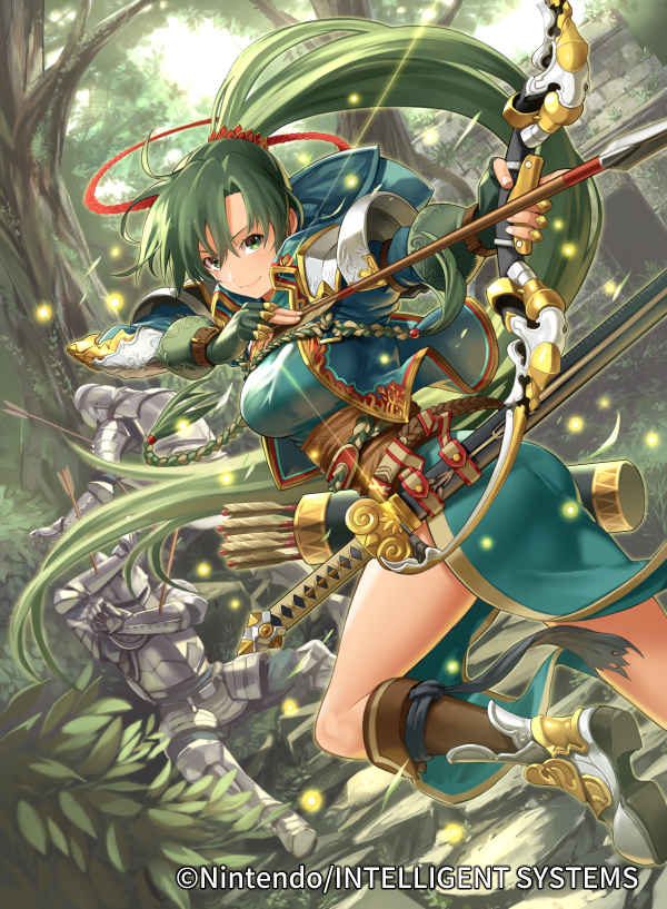 armor armored_boots arrow boots bow_(weapon) breasts brown_legwear day dress dutch_angle fingerless_gloves fire_emblem fire_emblem:_rekka_no_ken floating_hair forest from_behind gloves green_dress green_eyes green_gloves green_hair hair_between_eyes hair_ornament hair_ribbon helmet holding holding_arrow holding_bow_(weapon) holding_weapon i-la kneehighs leg_up long_hair looking_at_viewer lyndis_(fire_emblem) medium_breasts nature outdoors pants ponytail red_ribbon ribbon smile very_long_hair weapon