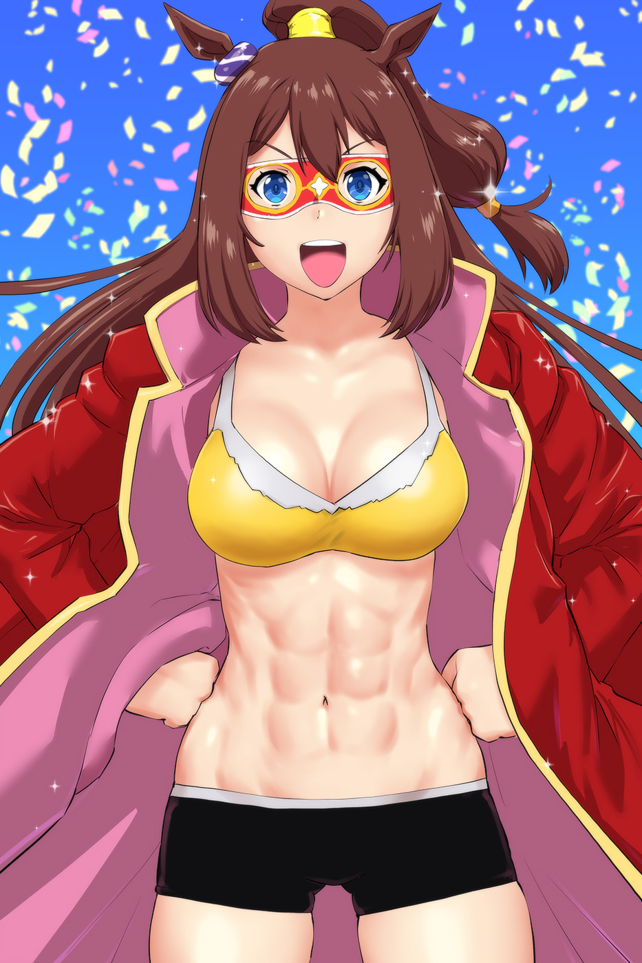abs animal_ears blue_eyes breasts brown_hair commentary_request confetti el_condor_pasa hands_on_hips high_ponytail highres horse_ears horse_girl jacket large_breasts long_hair looking_at_viewer mask navel open_mouth ponytail red_jacket smile solo thigh_gap toned ueyama_michirou umamusume