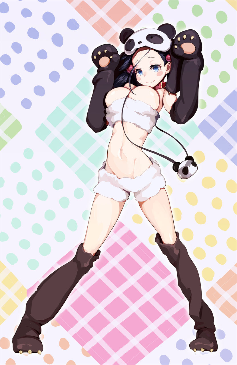bag between_breasts blush_stickers boots breasts carrying cleavage collar dog_collar full_body gloves handbag highres looking_at_viewer medium_breasts multicolored multicolored_background navel panda_hat paw_boots paw_gloves paws saki shirt short_shorts shorts standing strapless thigh_boots thighhighs tubetop ueshige_suzu w_arms white_shirt white_shorts yaku_yojino