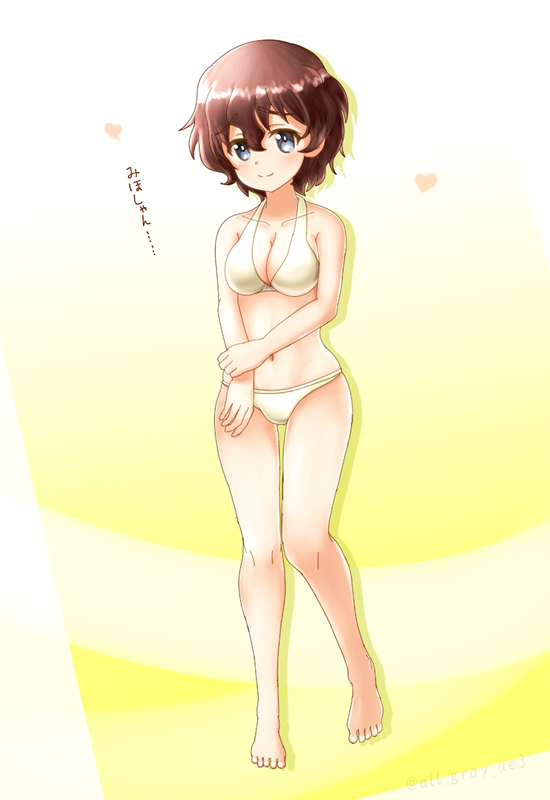 akaboshi_koume barefoot blue_eyes breasts brown_hair cleavage full_body girls_und_panzer haiiro_purin looking_at_viewer medium_breasts navel short_hair smile solo thigh_gap wavy_hair yellow_background