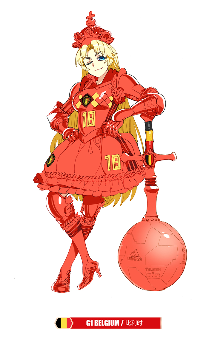 2018_fifa_world_cup adidas armor armored_boots armored_dress belgian_flag belgium blue_eyes boots breastplate breasts crossed_legs crown daibajoujisan dress full_body gauntlets hair_intakes high_heels leaning_on_weapon long_hair looking_at_viewer mace medium_breasts older one_eye_closed red_dress simple_background smirk soccer solo standing thick_eyebrows weapon white_background world_cup