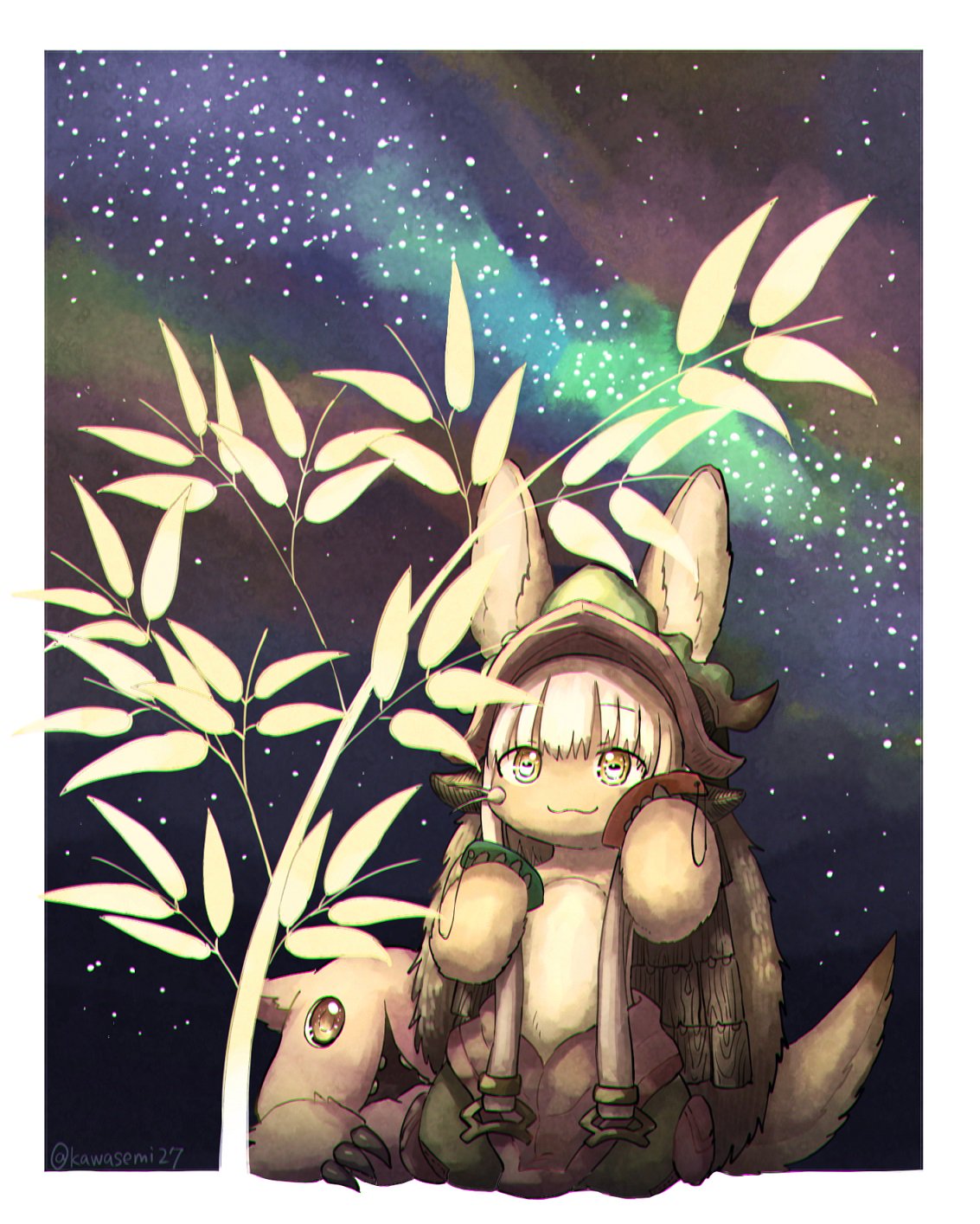 :3 animal_ear_fluff animal_ears blush_stickers bunny_ears claws commentary ears_through_headwear eyebrows_visible_through_hair furry highres horns kawasemi27 made_in_abyss mitty_(made_in_abyss) nanachi_(made_in_abyss) night paws red_eyes short_hair_with_long_locks sidelocks sky smile star_(sky) starry_sky tanabata tanzaku topless twitter_username whiskers yellow_eyes