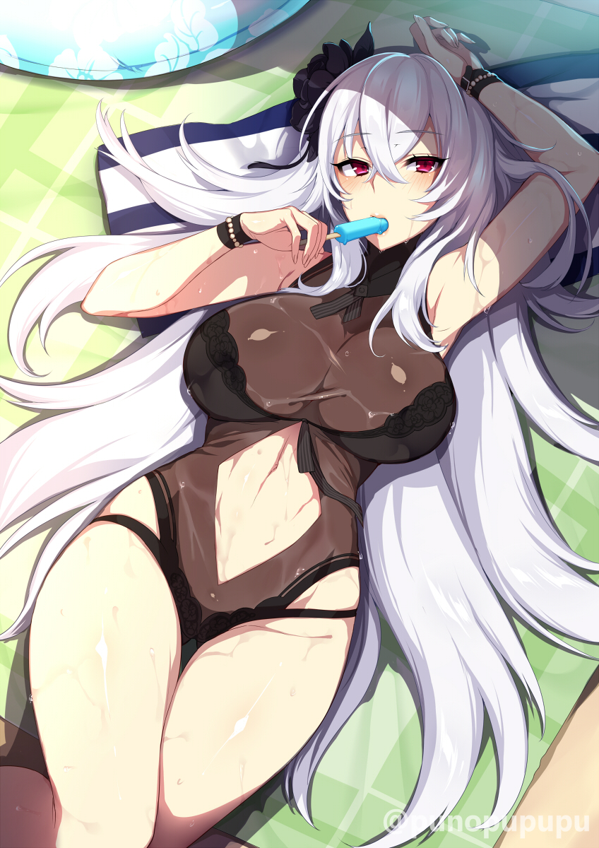 azur_lane bangs beach_mat black_flower black_swimsuit breasts cleavage commentary crossed_bangs cup drinking_glass eyebrows_visible_through_hair flower food graf_zeppelin_(azur_lane) groin hair_between_eyes hair_flower hair_ornament highres holding holding_food innertube large_breasts long_hair looking_at_viewer lying messy_hair midriff navel navel_cutout on_back one-piece_swimsuit parted_lips popsicle red_eyes revealing_clothes see-through shade sidelocks silver_hair skindentation sky solo stomach swimsuit tropical_drink twitter_username wet wrist_straps zeroshiki_kouichi