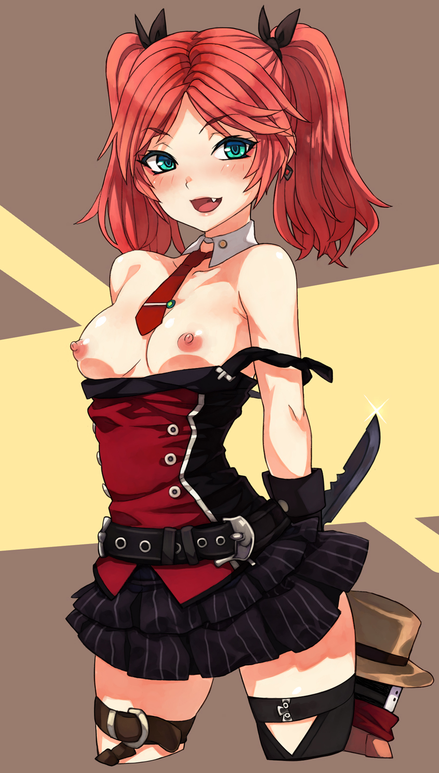 arms_behind_back belt blush breasts breasts_outside combat_knife detached_collar dress fang granado_espada green_eyes highres knife looking_at_viewer necktie nipples off_shoulder open_mouth penguin_caee red_hair small_breasts smile solo twintails weapon