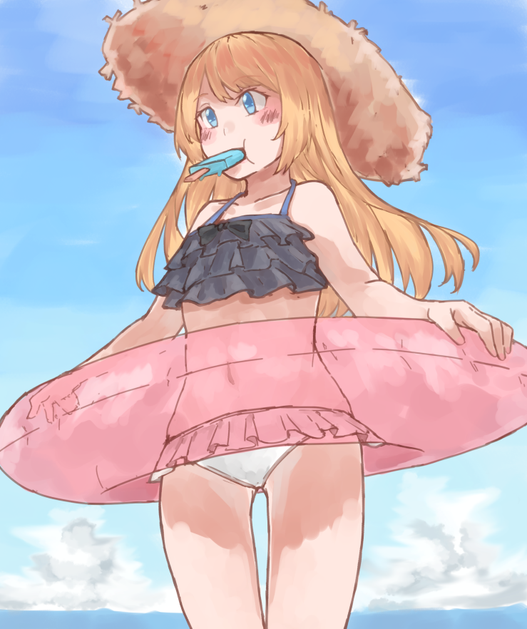 az_toride bikini black_bikini_top blonde_hair blue_eyes blue_sky blush cloud collarbone cowboy_shot day food food_in_mouth frilled_bikini frilled_bikini_bottom frilled_bikini_top frills from_below gradient_sky hat innertube jervis_(kantai_collection) kantai_collection long_hair mismatched_bikini mouth_hold navel outdoors popsicle see-through sky solo sun_hat swimsuit white_bikini_bottom