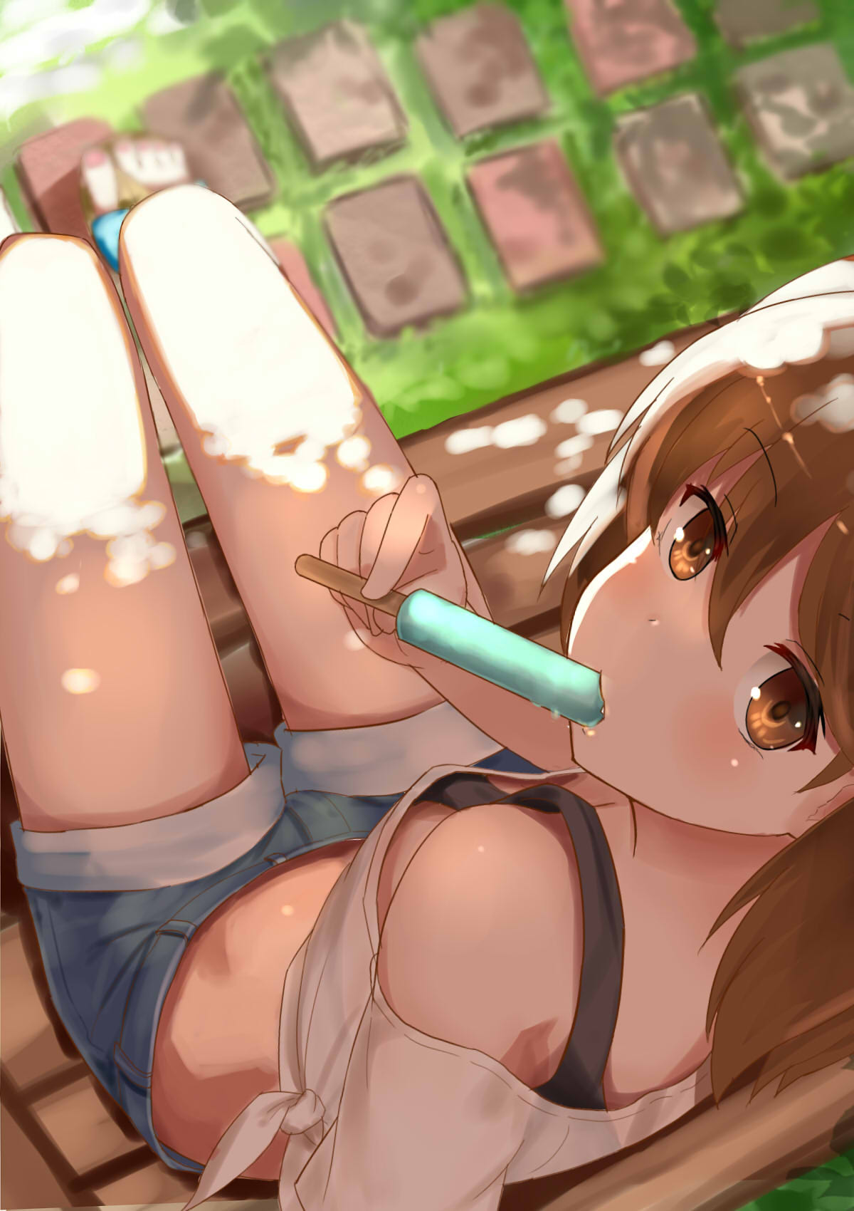 arm_rest bangs bench black_bra blurry bra bra_strap breasts commentary dappled_sunlight denim denim_shorts depth_of_field downblouse eyebrows_visible_through_hair food from_above from_behind highres holding holding_food ice_cream kantai_collection legs_together looking_at_viewer looking_back looking_up midriff nail_polish off-shoulder_shirt off_shoulder okitsugu outdoors pink_nails popsicle ryuujou_(kantai_collection) sandals shade shirt short_shorts shorts sitting small_breasts solo stepping_stones sucking sunlight thigh_gap thighs tied_shirt toenail_polish underwear white_shirt