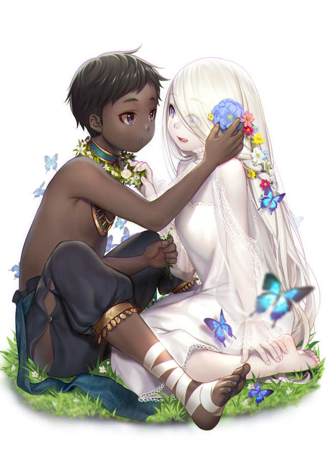 1girl ankle_wrap barefoot black_hair blue_eyes bug butterfly commentary dark_skin dark_skinned_male dress eye_contact eyebrows_visible_through_hair eyes_visible_through_hair flower flower_wreath grass hair_flower hair_ornament insect interracial jewelry long_hair looking_at_another masami_chie original pale_skin puffy_pants purple_eyes see-through sitting very_long_hair white_dress white_hair white_skin