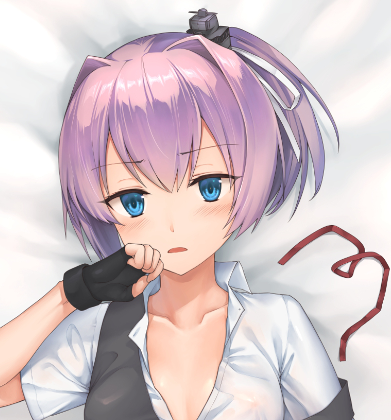 bangs bed_sheet black_vest blue_eyes blush collarbone collared_shirt covered_nipples d: eyebrows_visible_through_hair eyes_visible_through_hair fingerless_gloves fukuroumori gloves hair_intakes hair_ornament hair_ribbon hand_to_own_mouth kantai_collection looking_at_viewer lying off_shoulder on_back open_mouth pink_hair ponytail red_ribbon remodel_(kantai_collection) ribbon ribbon_removed school_uniform see-through shiranui_(kantai_collection) shirt short_sleeves solo unbuttoned upper_body vest white_ribbon white_shirt