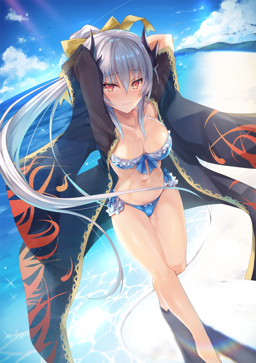 armpits bare_legs barefoot beach bikini blue_bikini blue_sky blush bow breasts cleavage collarbone commentary_request day eyebrows_visible_through_hair fate/grand_order fate_(series) feet_out_of_frame from_above front-tie_top hair_between_eyes hair_bow highres hinot japanese_clothes kimono kiyohime_(fate/grand_order) kiyohime_(swimsuit_lancer)_(fate) large_breasts long_hair looking_at_viewer navel ocean open_clothes open_kimono outdoors sand see-through shore silver_hair sky smile solo swimsuit very_long_hair walking water yellow_eyes