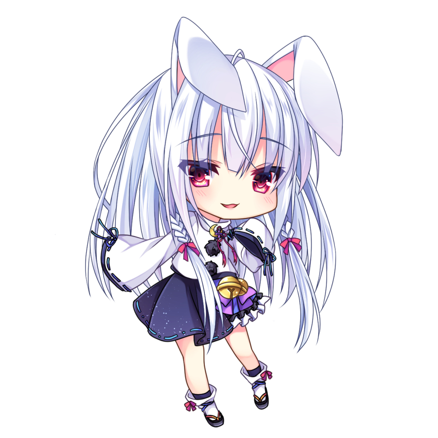 :3 :d animal_ears bangs bell black_footwear black_legwear blue_skirt blush bow braid bunny_ears chibi commentary_request crescent crescent_moon_pin eyebrows_visible_through_hair full_body hair_between_eyes hair_bow hinamushi_(shokuyou) jingle_bell leaning_forward long_hair long_sleeves looking_at_viewer open_mouth original purple_bow red_bow ribbon-trimmed_skirt ribbon-trimmed_sleeves ribbon_trim shirt side_braid silver_hair simple_background skirt sleeves_past_fingers sleeves_past_wrists smile socks solo standing twin_braids very_long_hair white_background white_legwear white_shirt wide_sleeves zouri