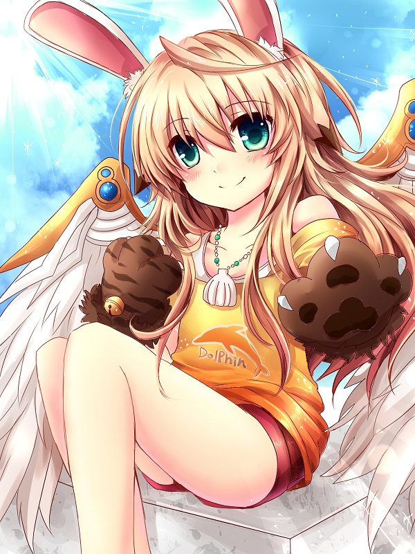 animal_ears bell bunny_ears cat_paws chung_seiker dolphin elsword eyebrows_visible_through_hair gloves iron_paladin_(elsword) jewelry long_hair necklace open_eyes orange_shirt otoko_no_ko paw_gloves paws rudia seashell shell shirt smile thighs wings
