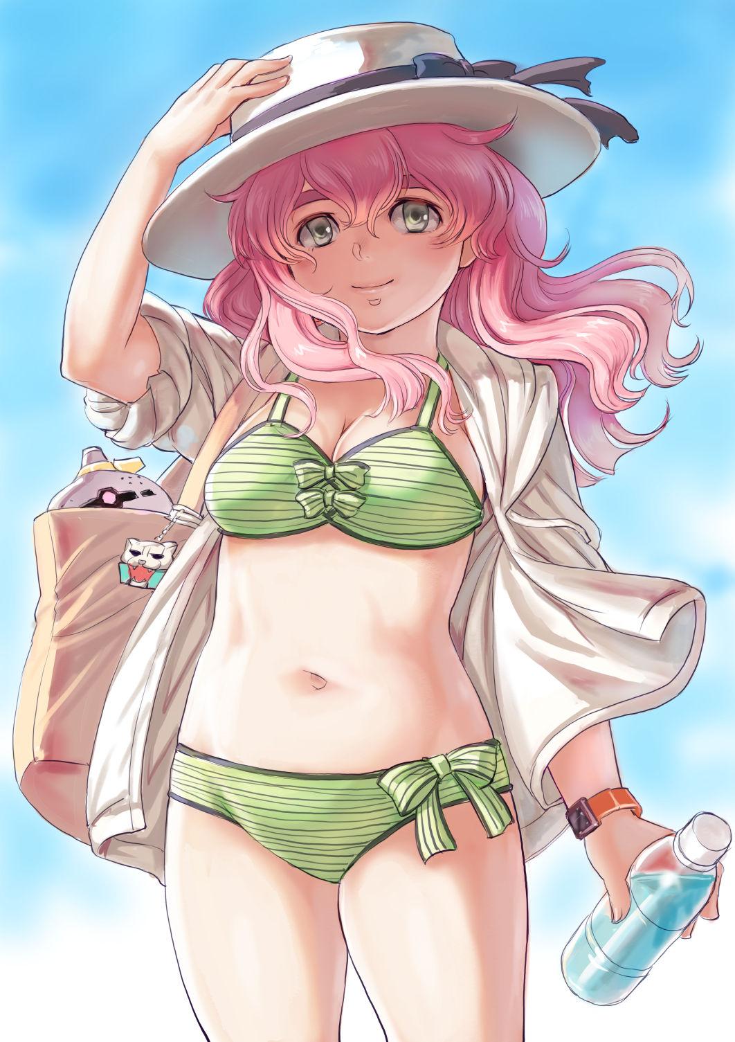 bag bikini blue_sky bottle breasts cleavage day green_bikini green_eyes hat highres jacket kosai_takayuki large_breasts long_hair looking_at_viewer open_clothes open_jacket original pink_hair sky smile solo swimsuit thick_eyebrows watch wind wristwatch