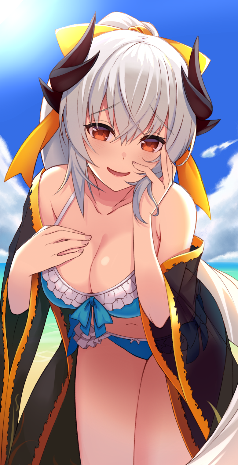 bangs bare_shoulders bikini black_kimono blue_bikini blue_sky blush bow breasts cleavage collarbone commentary day dragon_girl dragon_horns eyebrows_visible_through_hair fate/grand_order fate_(series) hair_between_eyes hair_bow hand_on_own_chest highres hips horns japanese_clothes kimono kiyohime_(fate/grand_order) kiyohime_(swimsuit_lancer)_(fate) leaning_forward long_hair looking_at_viewer medium_breasts off_shoulder open_clothes open_kimono open_mouth red_eyes sky smile solo sukebewe swimsuit thighs very_long_hair white_hair yellow_bow