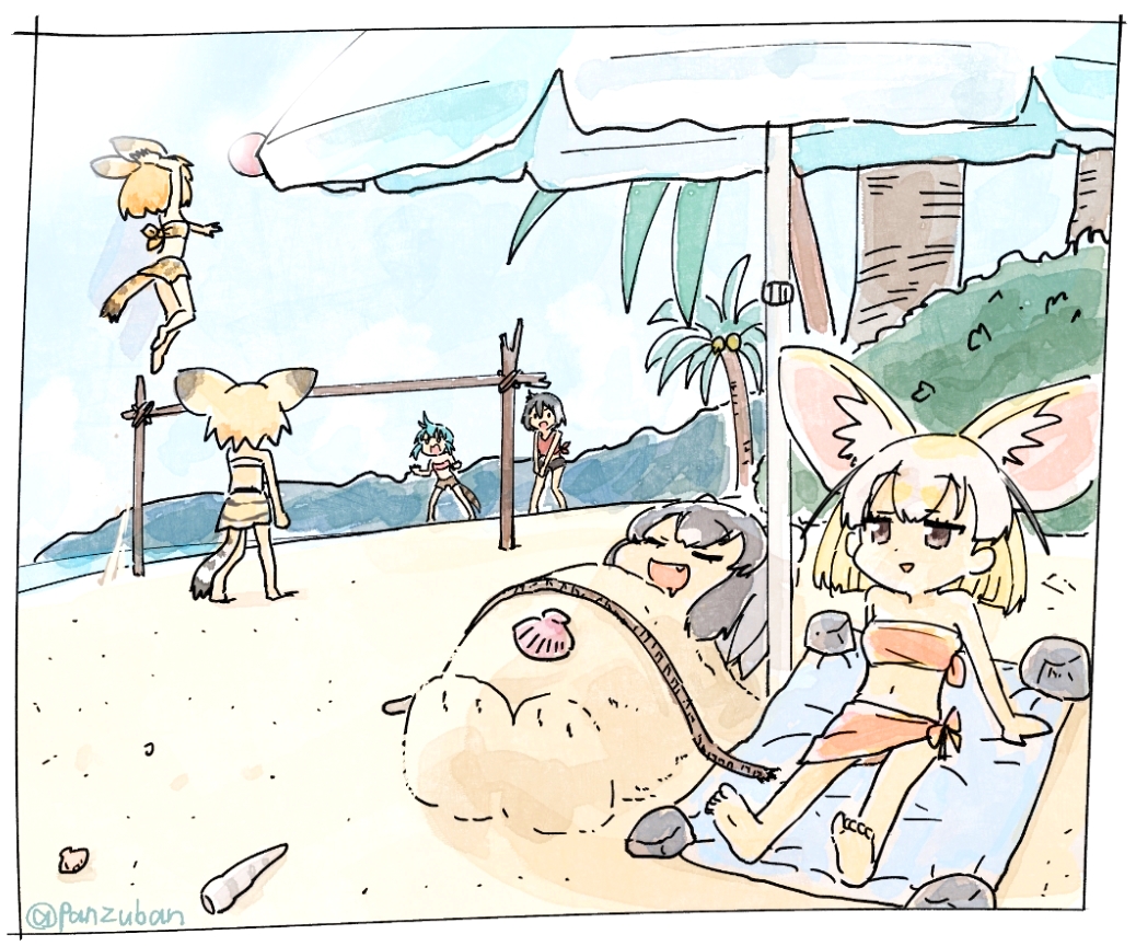 :d animal_ears barefoot beach beach_umbrella beach_volleyball bikini_skirt black_hair blonde_hair brown_eyes buried cat_ears cat_tail closed_eyes commentary common_raccoon_(kemono_friends) day extra_ears fang fennec_(kemono_friends) fox_ears green_hair jumping kaban_(kemono_friends) kemono_friends multiple_girls open_mouth outdoors palm_tree panzuban sand sand_cat_(kemono_friends) sarong seashell serval_(kemono_friends) serval_ears serval_tail shell short_hair sleeping smile strapless strapless_bikini tail tree tsuchinoko_(kemono_friends) twitter_username umbrella