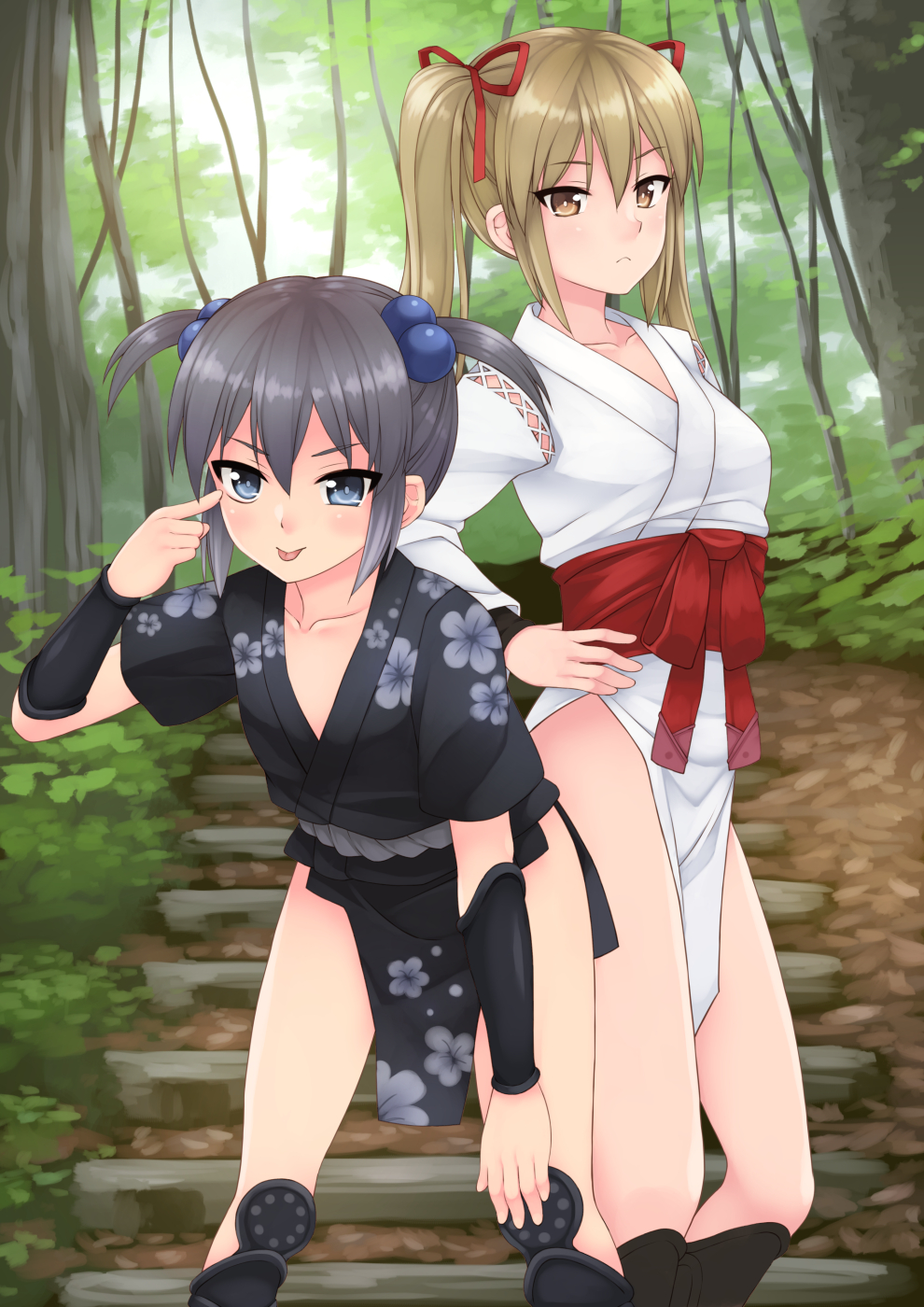 :p akanbe akemiho_tabi_nikki arm_guards blonde_hair bow brown_eyes character_request closed_mouth commentary_request day eyebrows_visible_through_hair forest grey_eyes grey_hair hair_bow hand_on_hip highres japanese_clothes kouno_hikaru leaning_forward multiple_girls nature outdoors pelvic_curtain shin_guards standing tongue tongue_out twintails two_side_up