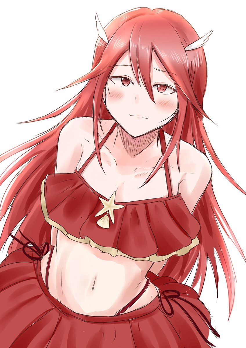 1girl artist_name bare_shoulders bikini blush breasts fire_emblem fire_emblem:_kakusei fire_emblem_heroes frills hair_lift hair_ornament highres long_hair looking_at_viewer medium_breasts pointy_ears red_eyes red_hair shell smile solo starfish tiamo winged_hair_ornament