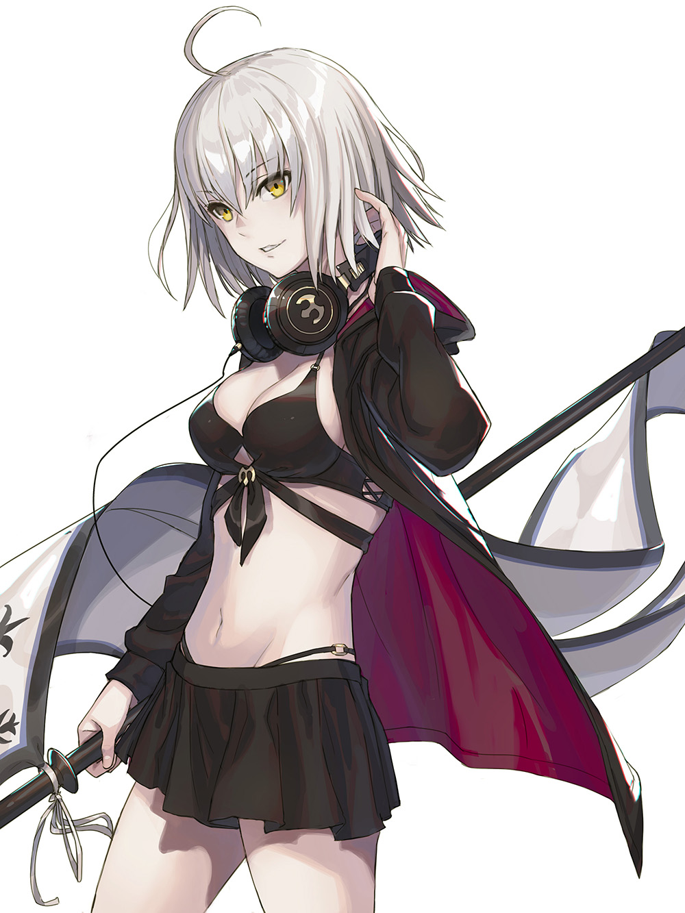 ahoge bad_id bad_pixiv_id bangs bikini black_bikini black_jacket black_skirt breasts cleavage commentary_request cosplay fate/grand_order fate_(series) flag hair_between_eyes headphones headphones_around_neck highres hood hoodie jacket jeanne_d'arc_(alter)_(fate) jeanne_d'arc_(fate)_(all) kusano_shinta large_breasts looking_at_viewer navel o-ring open_clothes open_jacket parted_lips polearm short_hair silver_hair simple_background skirt smile solo swimsuit thighs weapon yellow_eyes