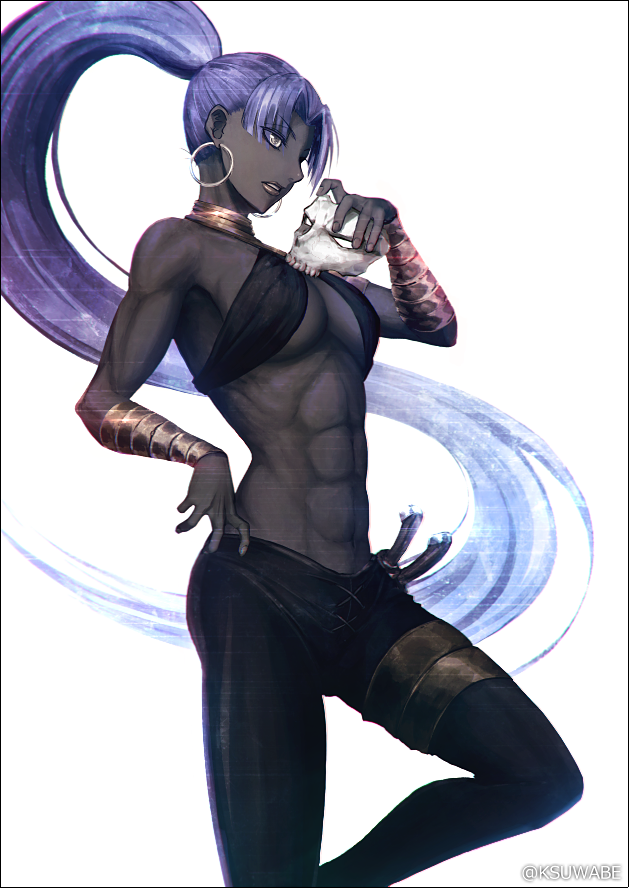 abs assassin_(fate/zero) breasts commentary_request dark_skin earrings fate/grand_order fate/zero fate_(series) female_assassin_(fate/zero) holding holding_mask hoop_earrings jewelry kei-suwabe long_hair mask mask_removed medium_breasts muscle muscular_female purple_eyes purple_hair skull_mask solo twitter_username underboob very_long_hair