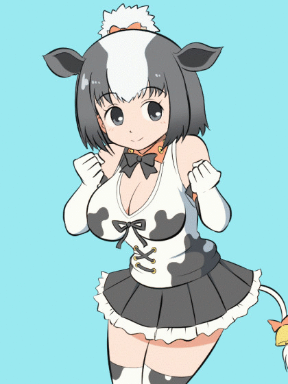 2018 5_fingers absolute_territory animal_humanoid animated armwear big_breasts blinking blue_background blush bouncing_breasts bovine bow_tie breasts choker cleavage clothed clothing cow_humanoid cow_print elbow_gloves eyelashes female fist front_view gloves grey_eyes grey_hair hair hairband happy holstein_friesian_cattle_(kemono_friends) humanoid humanoid_hands jumping legwear light_skin mammal multicolored_hair open_mouth open_smile pose raised_arm ribbons shirt short_hair simple_background skirt smile solo tail_bow tail_ribbon tail_tuft tailwag tan_skin tank_top thigh_highs tuft two_tone_hair white_hair white_tail 緒形ナックル