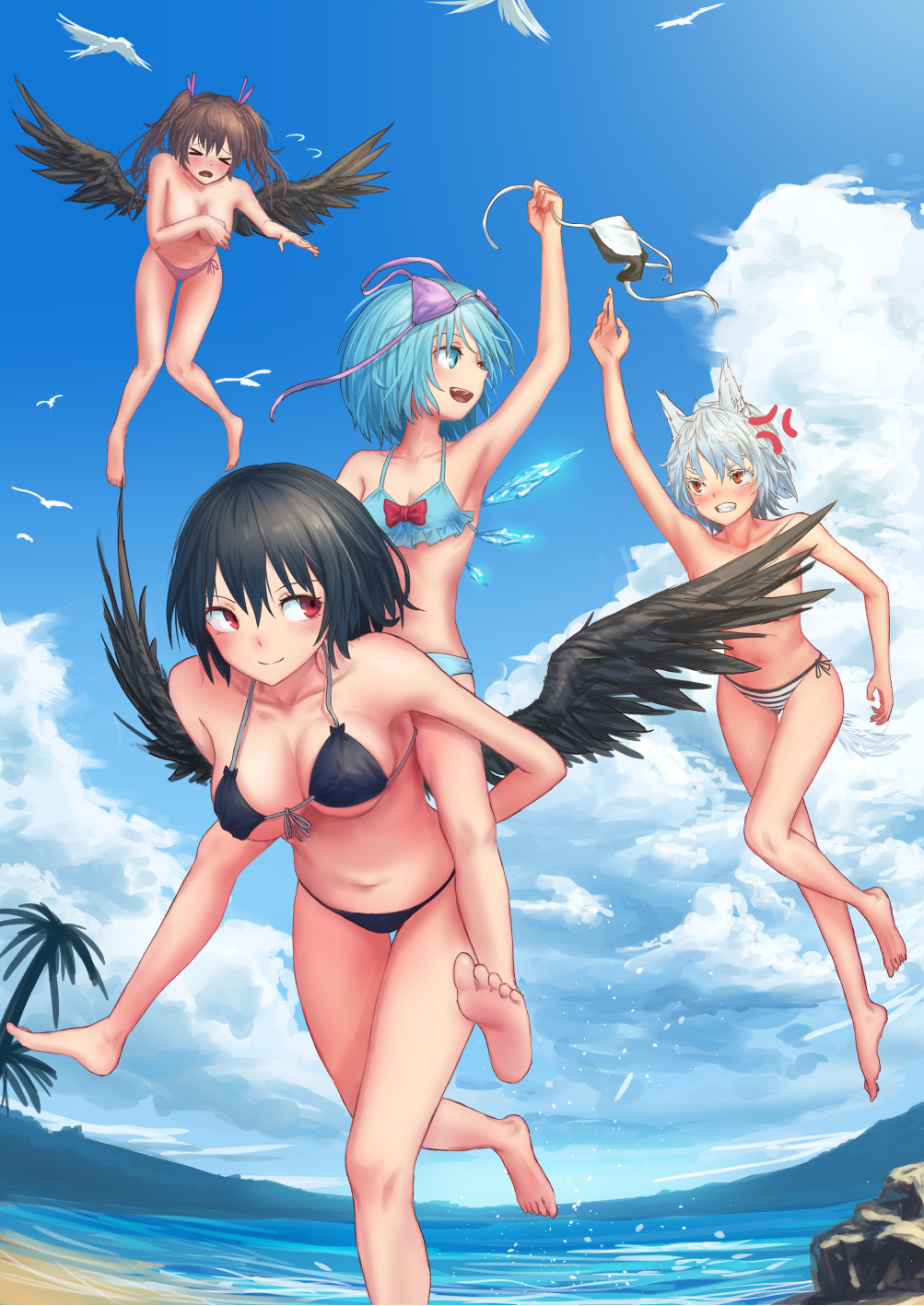 &gt;_&lt; :d anger_vein animal_ears arm_up bare_arms bare_legs bare_shoulders barefoot bikini bird black_bikini black_wings blue_bikini blue_eyes blue_hair blue_sky blush bow breasts brown_hair cirno clenched_hand closed_eyes clothes_theft cloud collarbone commentary_request convenient_censoring covering covering_breasts day feathered_wings feet_out_of_frame flat_chest flying flying_sweatdrops frilled_bikini frills front-tie_bikini front-tie_top hair_ribbon highres himekaidou_hatate holding ice ice_wings inubashiri_momiji large_breasts looking_at_another medium_breasts multiple_girls navel no_hat no_headwear open_mouth outdoors palm_tree purple_bikini purple_bikini_top purple_ribbon red_bow red_eyes ribbon rock roke_(taikodon) running sand shameimaru_aya short_hair side-tie_bikini silver_hair sky smile soles stomach striped_bikini_bottom swimsuit swimsuit_theft tail teamwork theft thighs topless touhou tree twintails v-shaped_eyebrows water white_bikini white_bikini_top wings wolf_ears wolf_tail