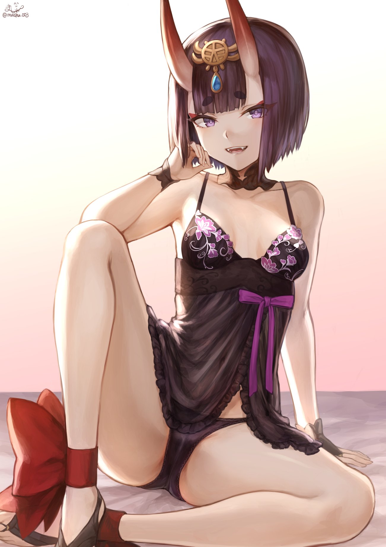 :d ankle_ribbon arm_at_side arm_support artist_name bow breasts bridal_gauntlets chemise circlet commentary detached_collar eyebrows_visible_through_hair eyeliner fangs fate/grand_order fate_(series) hand_up highres hikimayu horns lingerie looking_at_viewer makeup mashu_003 navel oni_horns open_mouth panties purple_eyes purple_hair purple_panties ribbon see-through short_hair shuten_douji_(fate/grand_order) simple_background sitting small_breasts smile solo spread_legs underwear underwear_only