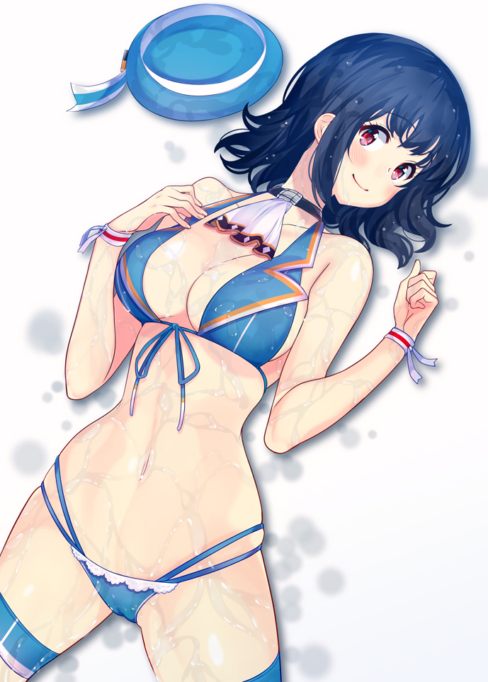 adapted_costume amami_amayu ascot bare_shoulders barefoot beret bikini bikini_day black_hair blue_bikini blue_hat blush breasts cleavage closed_mouth collarbone commentary front-tie_bikini front-tie_top groin halter_top halterneck hand_on_own_chest hat hat_removed headwear_removed highleg highleg_bikini kantai_collection large_breasts looking_at_viewer lying medium_hair multi-strapped_bikini navel on_back red_eyes skindentation smile solo swimsuit takao_(kantai_collection) thigh_strap thighs wet wet_clothes wristband