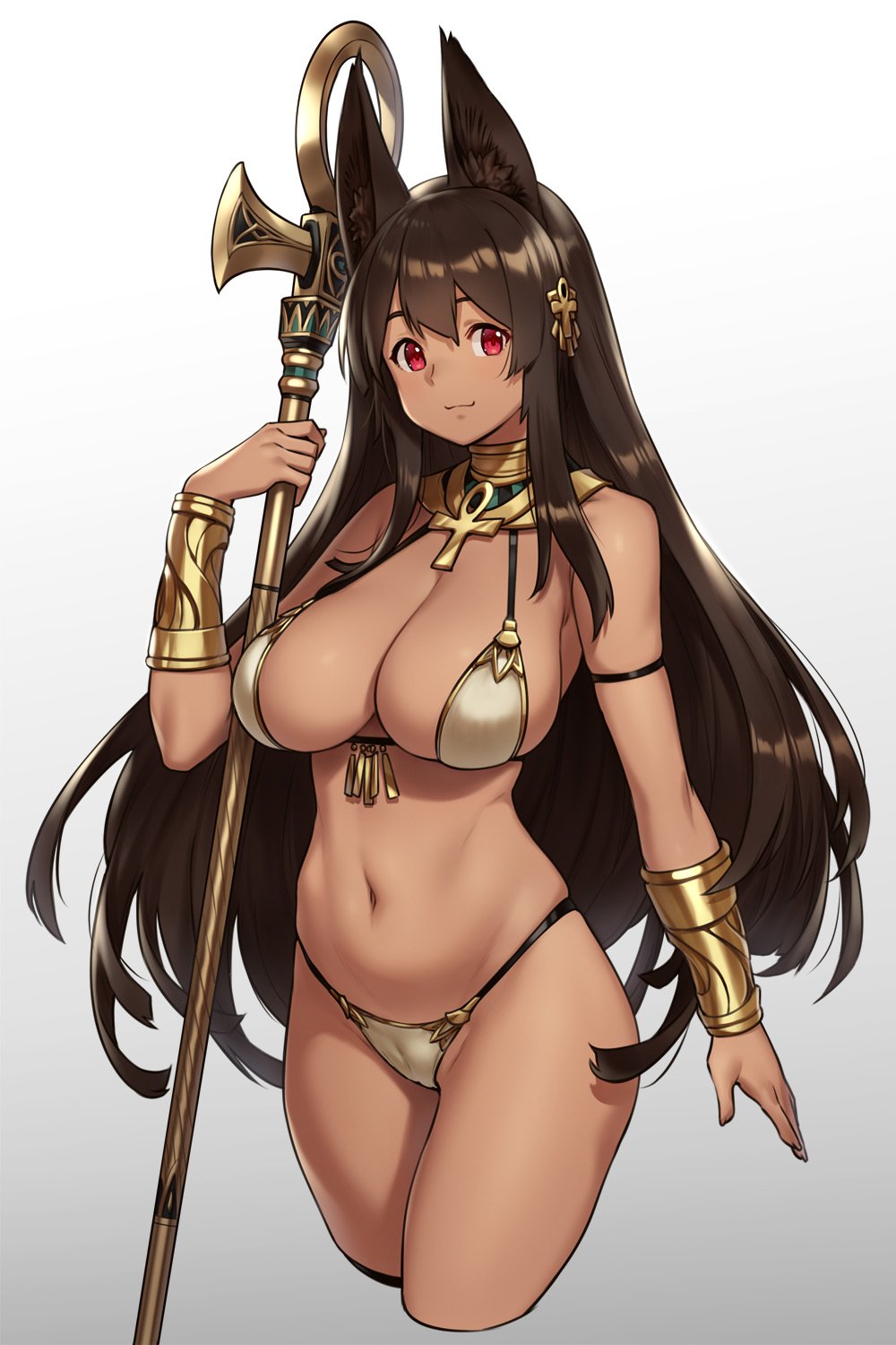 :3 ankh anubis_(houtengeki) arm_at_side armlet beige_bikini bikini bracer breasts brown_hair cleavage cleft_of_venus commentary cowboy_shot cropped_legs gold_trim gradient gradient_background hair_ornament hand_up highres houtengeki large_breasts light_smile long_hair looking_at_viewer navel original red_eyes shiny shiny_hair sidelocks simple_background solo staff string_bikini swimsuit usekh_collar very_long_hair