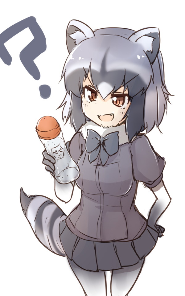 :d ? amai_nekuta animal_ears black_hair black_neckwear black_skirt bow bowtie brown_eyes commentary common_raccoon_(kemono_friends) cowboy_shot fang fur_collar gloves grey_gloves grey_hair grey_legwear grey_shirt hand_on_hip kemono_friends lotion miniskirt multicolored_hair open_mouth pantyhose pleated_skirt puffy_short_sleeves puffy_sleeves raccoon_ears raccoon_tail shirt short_hair short_sleeves simple_background skirt smile solo standing striped_tail tail v-shaped_eyebrows white_background