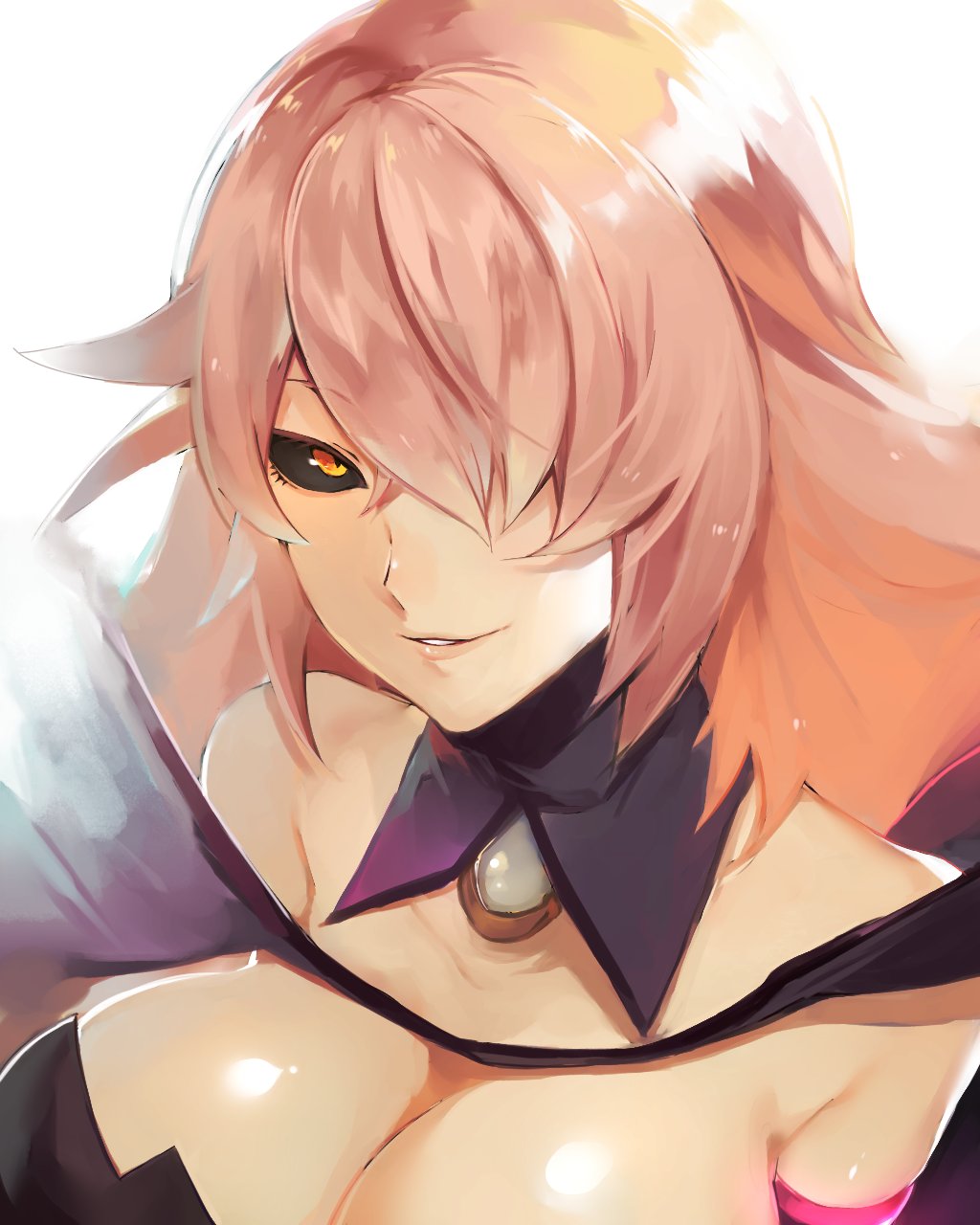 1girl bare_shoulders black_sclera blazblue blazblue:_central_fiction breasts cleavage hair_over_one_eye highres konoe_a_mercury large_breasts long_hair looking_at_viewer lor_(roasyerizyonirapi) pink_hair simple_background smile solo white_background witch yellow_eyes