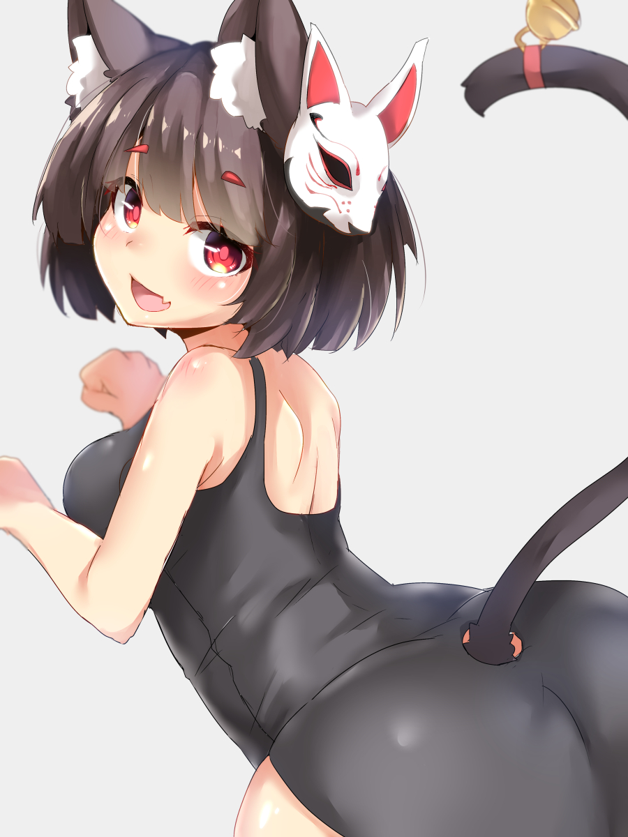 animal_ears ass azur_lane bangs bare_shoulders bell black_hair black_swimsuit blush breasts cat_ears cat_girl cat_mask cat_tail eyebrows_visible_through_hair fang highres jingle_bell looking_at_viewer mask mask_on_head medium_breasts neko_pachi one-piece_swimsuit paw_pose red_eyes short_hair solo swimsuit tail tail_cutout yamashiro_(azur_lane)