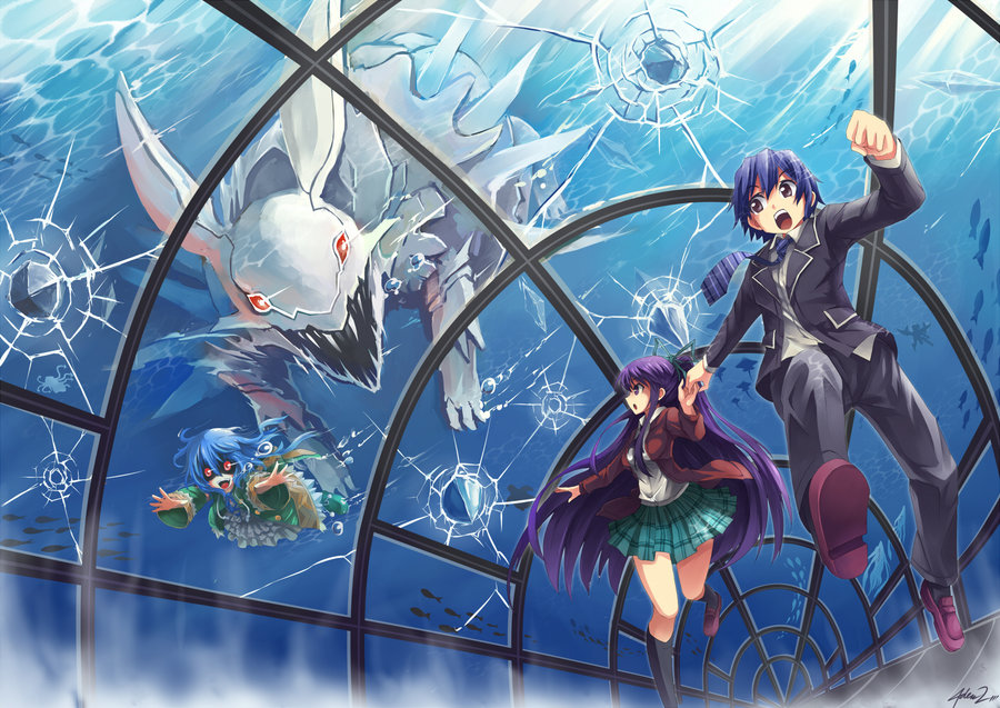 1boy 2girls aquarium aquarium_tunnel blue_hair boots bubble bunny claws commentary cracked_ceiling cracked_glass cracked_window date_a_live diving dutch_angle english_commentary fangs fish fleeing green_footwear green_ribbon hair_ribbon hand_holding ice itsuka_shidou loafers long_hair lookimg_back looking_at_another monster multiple_girls mysticswordsman21 necktie purple_hair raincoat red_eyes ribbon running school_uniform shaded_face sharp_teeth shoes short_hair squid teeth tunnel underwater underwater_tunnel water yandere yatogami_tooka yoshino_(date_a_live) zadkiel_(date_a_live)