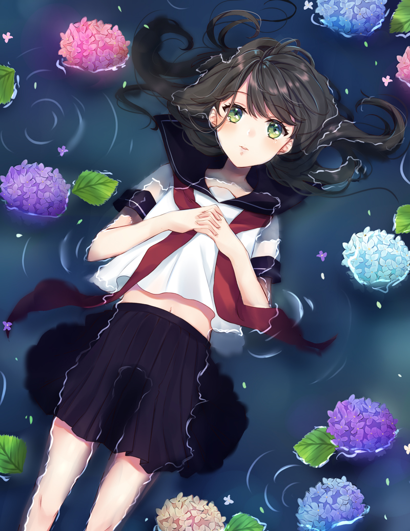 afloat bangs black_hair black_skirt commentary_request cropped_legs eyebrows_visible_through_hair feet_out_of_frame floating_hair flower green_eyes hair_between_eyes hair_spread_out hands_together hydrangea interlocked_fingers leaf looking_at_viewer medium_hair midriff navel nazuna_shizuku neckerchief original parted_lips partially_submerged pleated_skirt red_neckwear sailor_collar school_uniform serafuku shiny shiny_hair shirt short_sleeves skirt solo swept_bangs untied water white_shirt