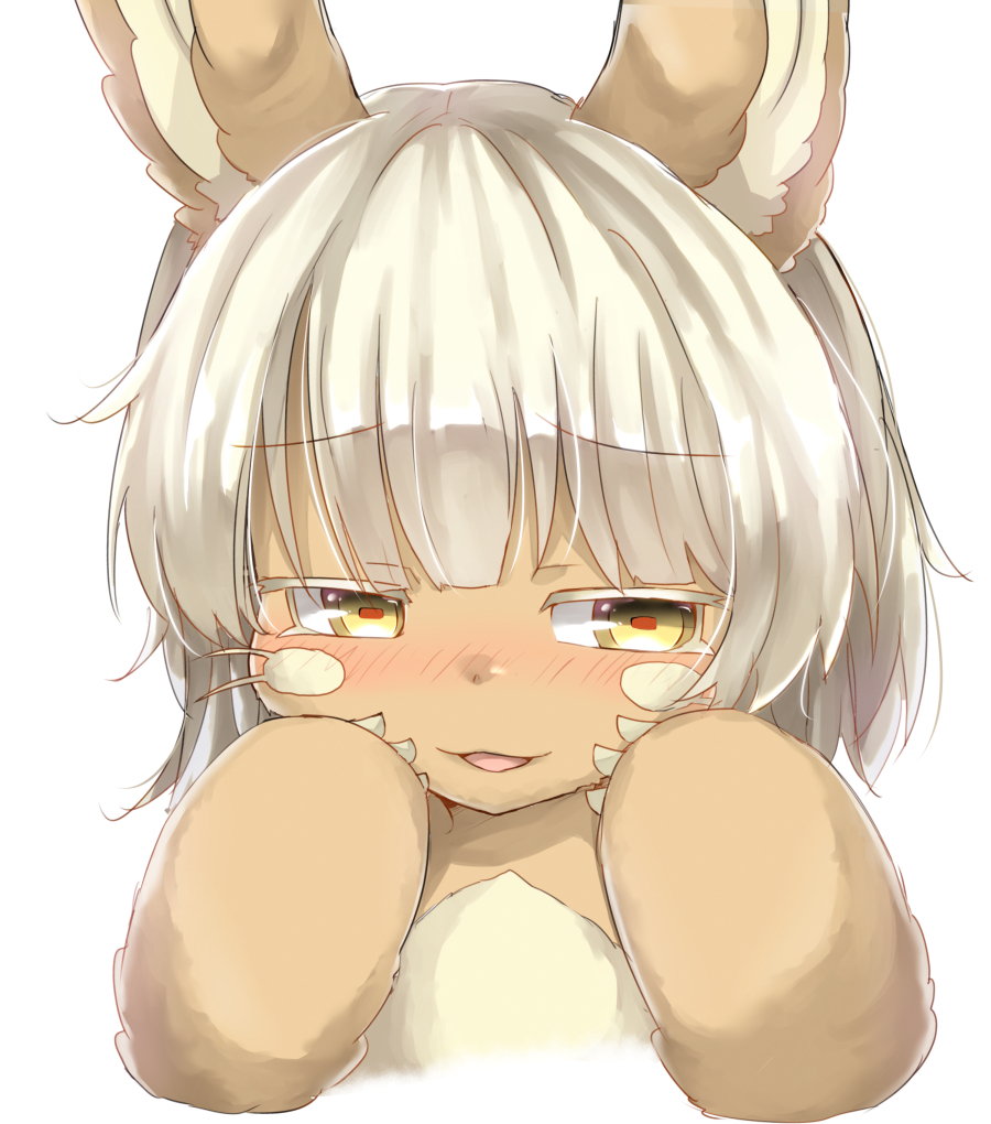 :3 :d animal_ears bangs blush bunny_ears claws eyebrows_visible_through_hair furrowed_eyebrows furry hands_on_own_face horizontal_pupils made_in_abyss nanachi_(made_in_abyss) neko_pachi nose_blush open_mouth red_pupils simple_background smile solo upper_body whiskers white_background white_hair yellow_eyes