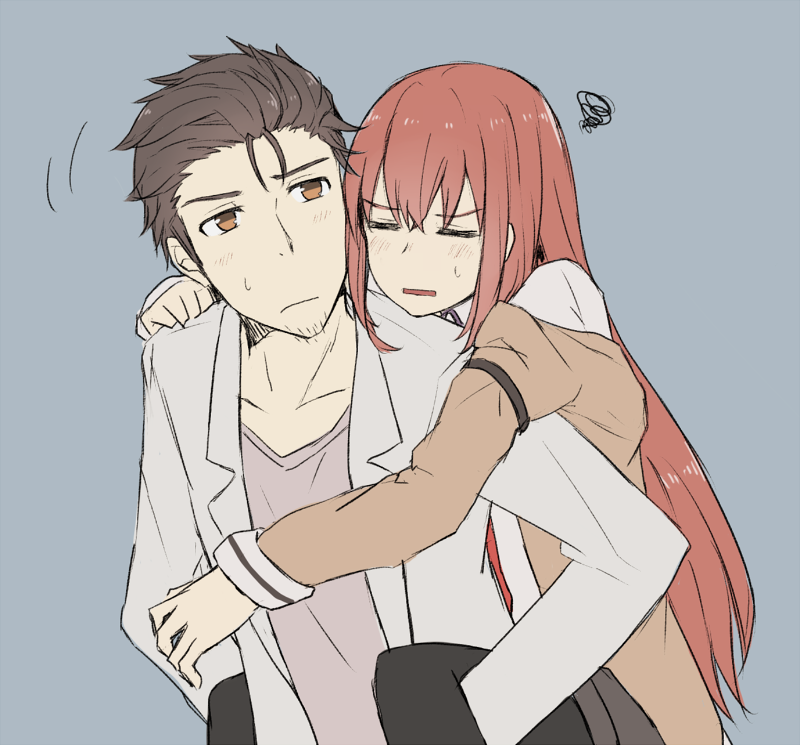 1girl black_hair blue_background blush carrying closed_eyes collarbone collared_shirt facial_hair jacket labcoat long_hair long_sleeves makise_kurisu messy_hair motion_lines necktie off_shoulder okabe_rintarou piggyback red_hair shirt short_hair simple_background steins;gate stubble sweatdrop upper_body yugure