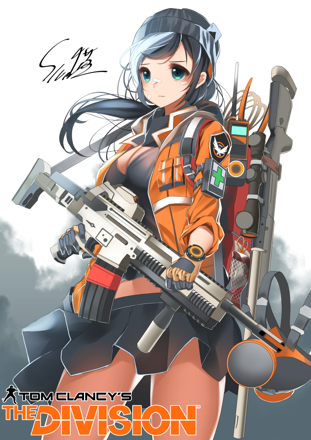 ace_of_spades aqua_eyes ar-15 assault_rifle bandaid beanie black_hair bolt_action breasts card cleavage commentary english_commentary foregrip gas_mask gloves green_eyes gun hat highres insignia jacket large_breasts long_hair looking_to_the_side magazine_(weapon) muzzle_brake orange_jacket original radio red_backpack rifle scissors serious signature skirt sling_(weapon) slumcat sniper_rifle sniper_scope tom_clancy's_the_division watch weapon wire_cutters wristwatch