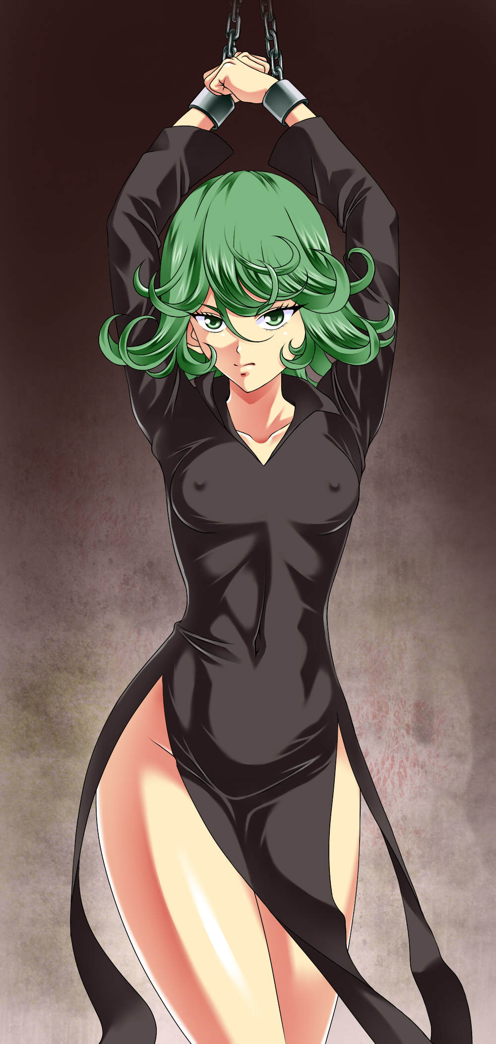 1girl arms_up bdsm bondage breasts chained covered_navel curly_hair dress erect_nipples green_eyes green_hair groin highres imminent_rape kamo_(nobuhide19790717) one-punch_man pelvic_curtain restrained short_hair small_breasts solo tatsumaki