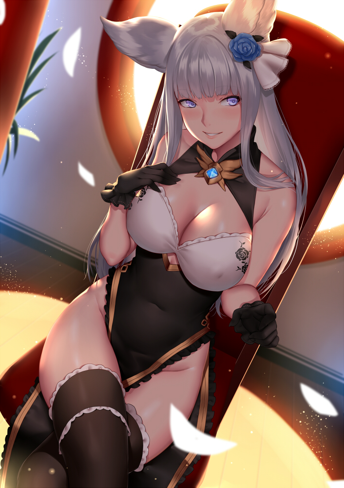 alternate_costume animal_ears back bangs black_gloves black_legwear blunt_bangs breasts brooch china_dress chinese_clothes cleavage_cutout covered_nipples crossed_legs deras dress dutch_angle erune eyebrows_visible_through_hair flower gloves granblue_fantasy hair_flower hair_ornament hand_on_own_chest head_tilt jewelry korwa large_breasts no_panties parted_lips pelvic_curtain petals side_slit sidelocks silver_hair sitting smile solo thighhighs