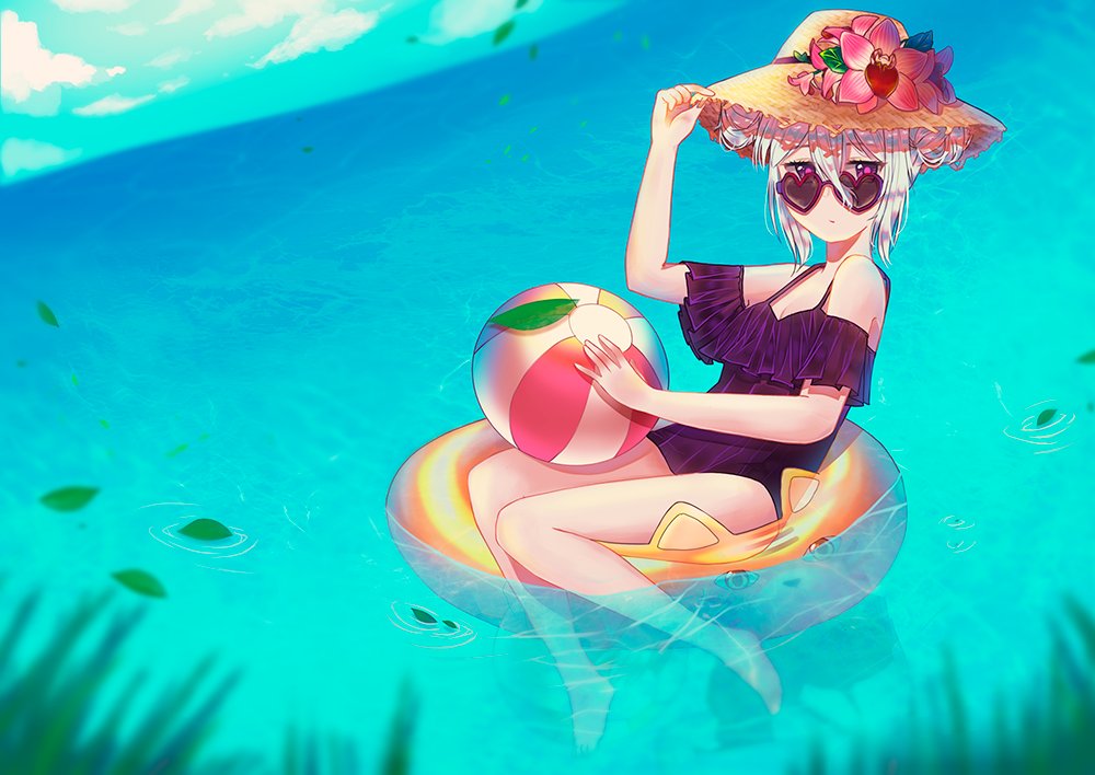 ball bangs barefoot beachball blue_sky blush commentary commentary_request double_bun english_commentary flower granblue_fantasy hand_on_headwear hat hat_flower heart heart-shaped_eyewear holding holding_ball innertube looking_at_viewer one-piece_swimsuit orchis outdoors shingeki_no_bahamut sky solo straw_hat summer sun_hat sunglasses suulore swimsuit water white_hair yellow_hat
