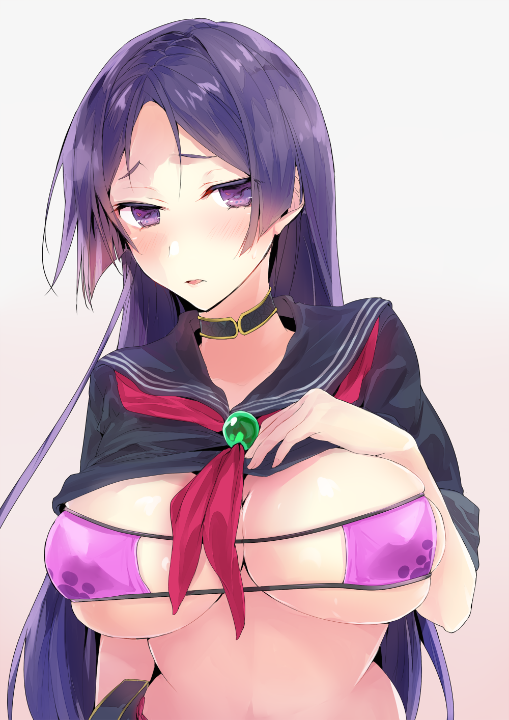 bad_id bad_twitter_id bangs bikini bikini_under_clothes black_sailor_collar black_shirt blush breasts brown_background commentary_request eyepatch_bikini fate/grand_order fate_(series) fingernails forehead gradient gradient_background grey_background hand_on_own_chest hand_up highres huge_breasts looking_at_viewer minamoto_no_raikou_(fate/grand_order) minamoto_no_raikou_(swimsuit_lancer)_(fate) neckerchief parted_bangs parted_lips purple_bikini purple_eyes purple_hair red_neckwear sailor_collar school_uniform serafuku shirt shirt_lift skindentation solo swimsuit tomozero