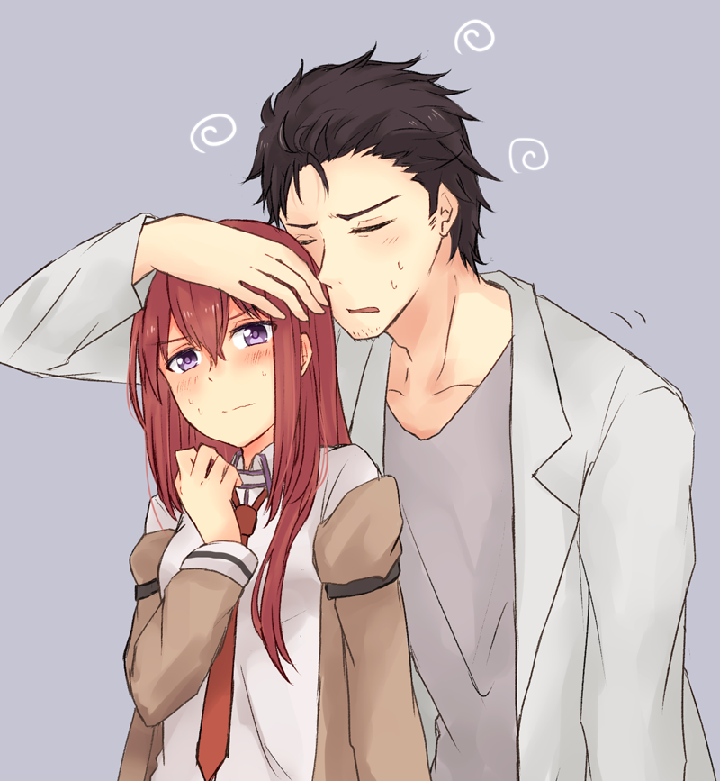 1girl black_hair blue_background blush breasts closed_eyes collarbone collared_shirt embarrassed facial_hair hair_between_eyes hand_on_another's_head jacket labcoat long_hair makise_kurisu messy_hair necktie off_shoulder okabe_rintarou red_hair shirt short_hair simple_background small_breasts steins;gate stubble sweatdrop swirl upper_body wavy_mouth yugure